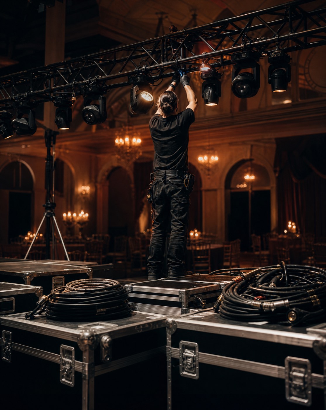 Event technician adjusting stage lighting rigging before doors open