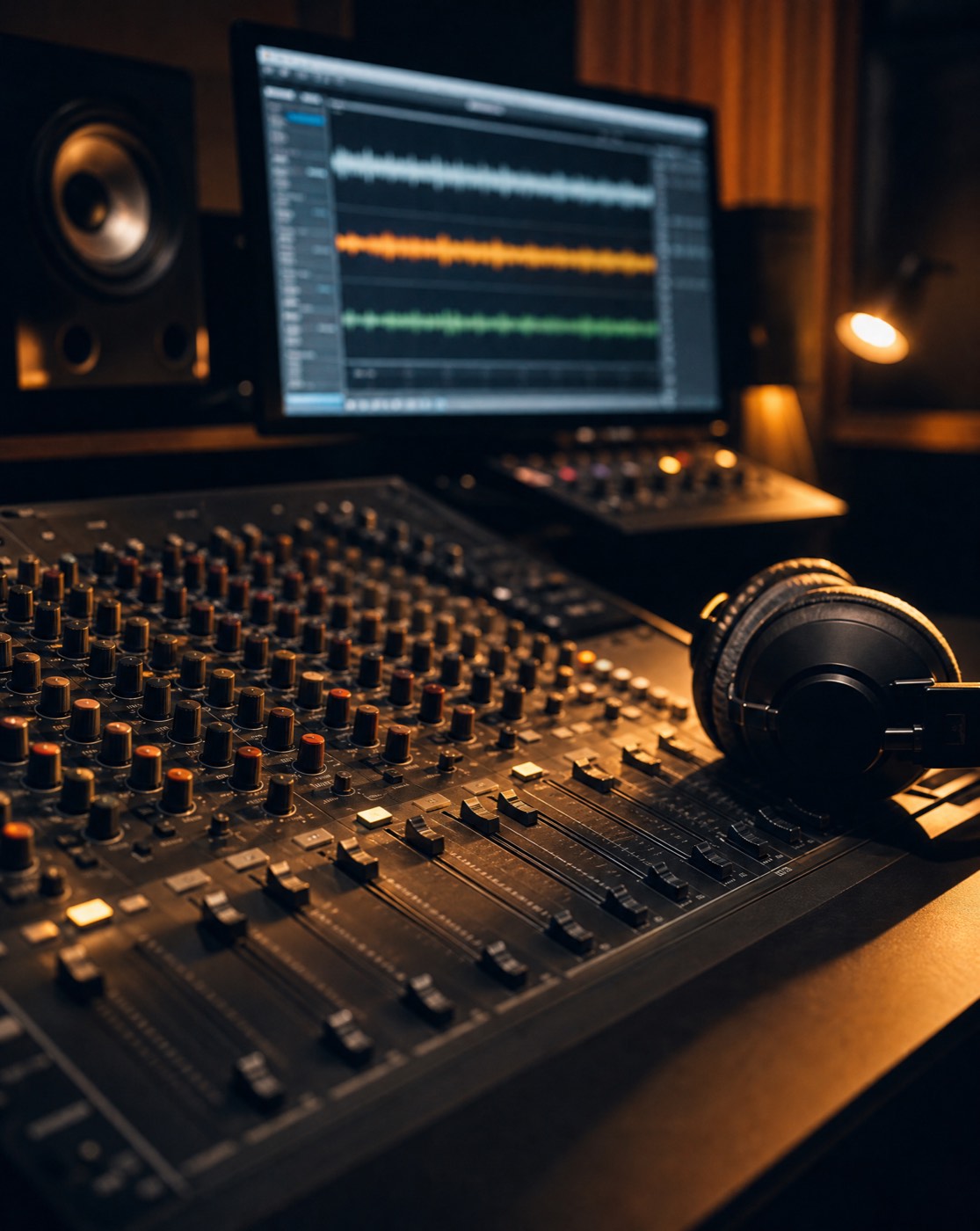 Professional audio production studio with mixing console and waveform editing screen
