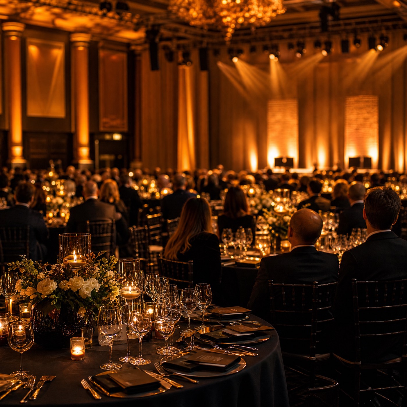 Black-tie corporate awards dinner in a grand ballroom