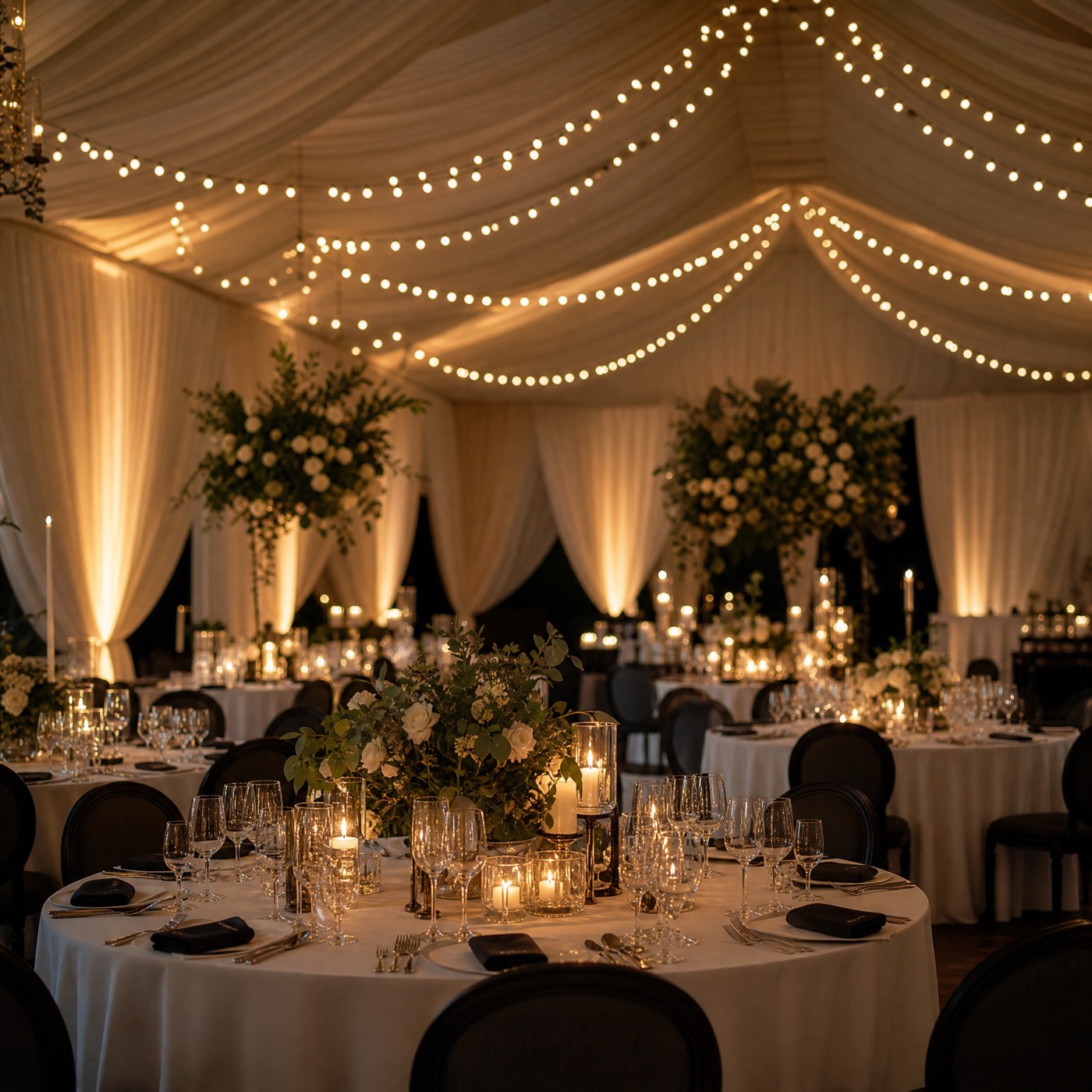 Elegant wedding marquee interior with festoon lighting and drapery