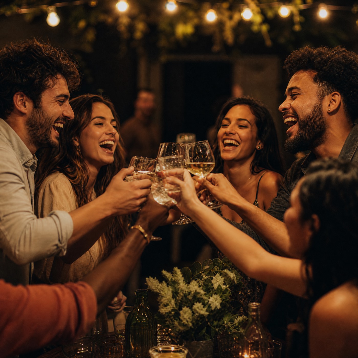 Group of friends laughing and toasting drinks together
