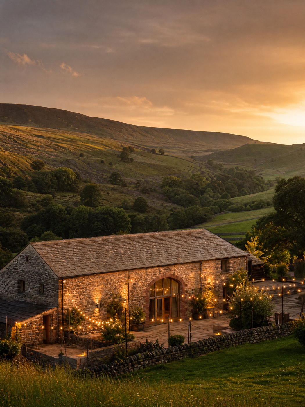 Stone barn wedding venue in the Peak District at golden hour