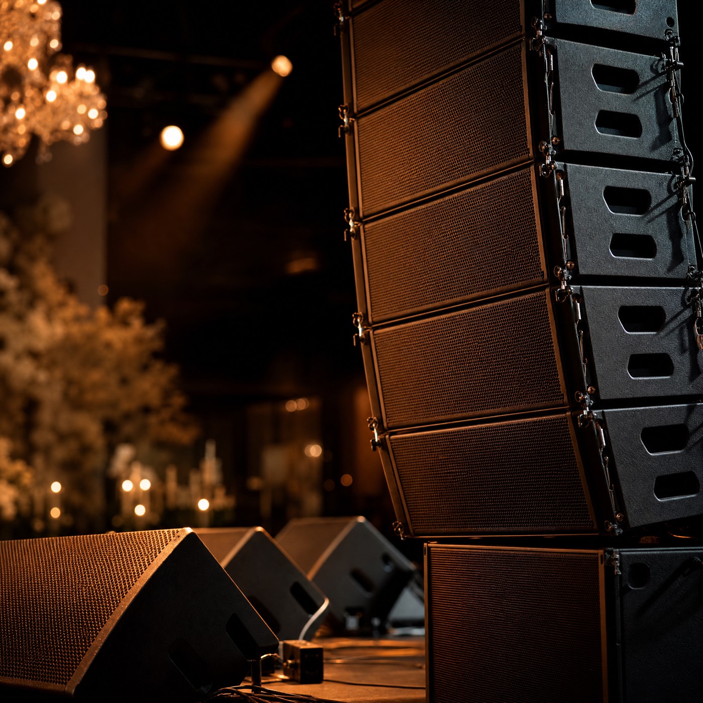 Premium line-array speakers set up at an event venue