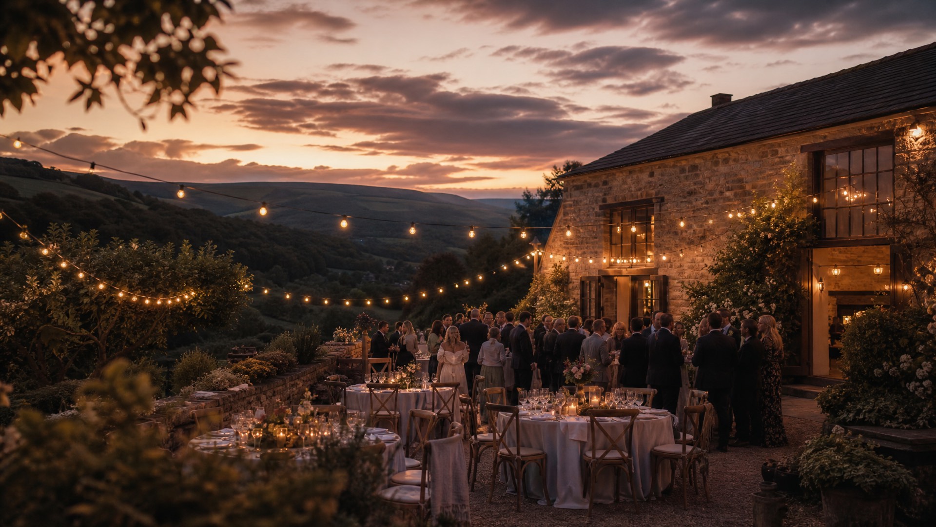 Elegant outdoor wedding reception at dusk at a Peak District venue, with festoon lighting and rolling hills beyond